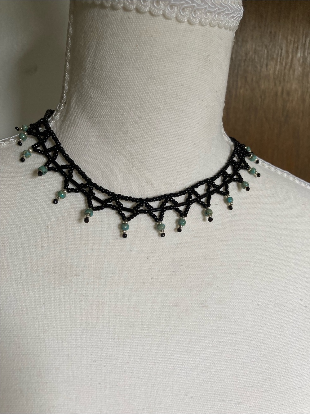Handcrafted Black Beaded Choker with Turquoise Green Accent Beads